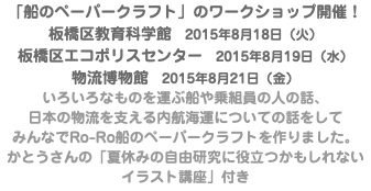 「船のペーパークラフト」のワークショップ開催！　板橋区教育科学館　2015年8月18日（火） 板橋区エコポリスセンター　2015年8月19日（水） 物流博物館　2015年8月21日（金） いろいろなものを運ぶ船や乗組員の人の話、 日本の物流を支える内航海運についての話をして みんなでRo-Ro船のペーパークラフトを作りました。 かとうさんの「夏休みの自由研究に役立つかもしれないイラスト講座」付き